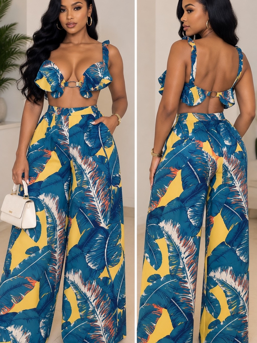 Tropical Wide-Leg High-Waist Pants — Blue & Yellow